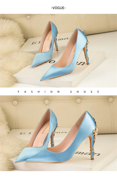 Elegant Crystal-Embellished Silk Pointed Toe Pumps for Women - Luxurious High Heels Perfect for Bridal and Evening Wear, Sexy Dress Shoes with Thin Heels
